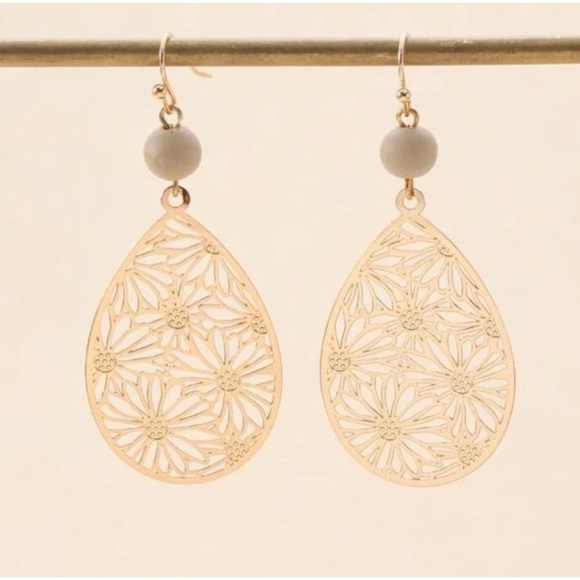 Blossom Boutique Jewelry - 1 LEFT! Gold Beaded Flower Hollow Drop Hoop Earrings